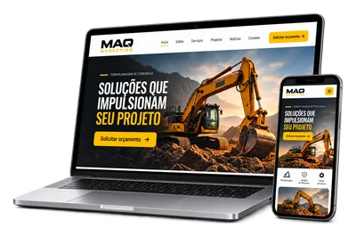 Ilustração de site para empresa de máquinas pesadas aberto em notebook e celular