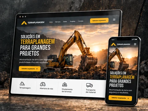 Ilustração de site para empresa de máquinas pesadas aberto em um tablet e em um celular